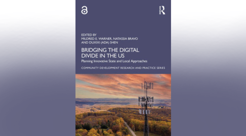 Cover image of the book with text: Bridging the Digital Divide, Planning Innovative State and Local Approaches, with an image of tree tops and a broadband tower