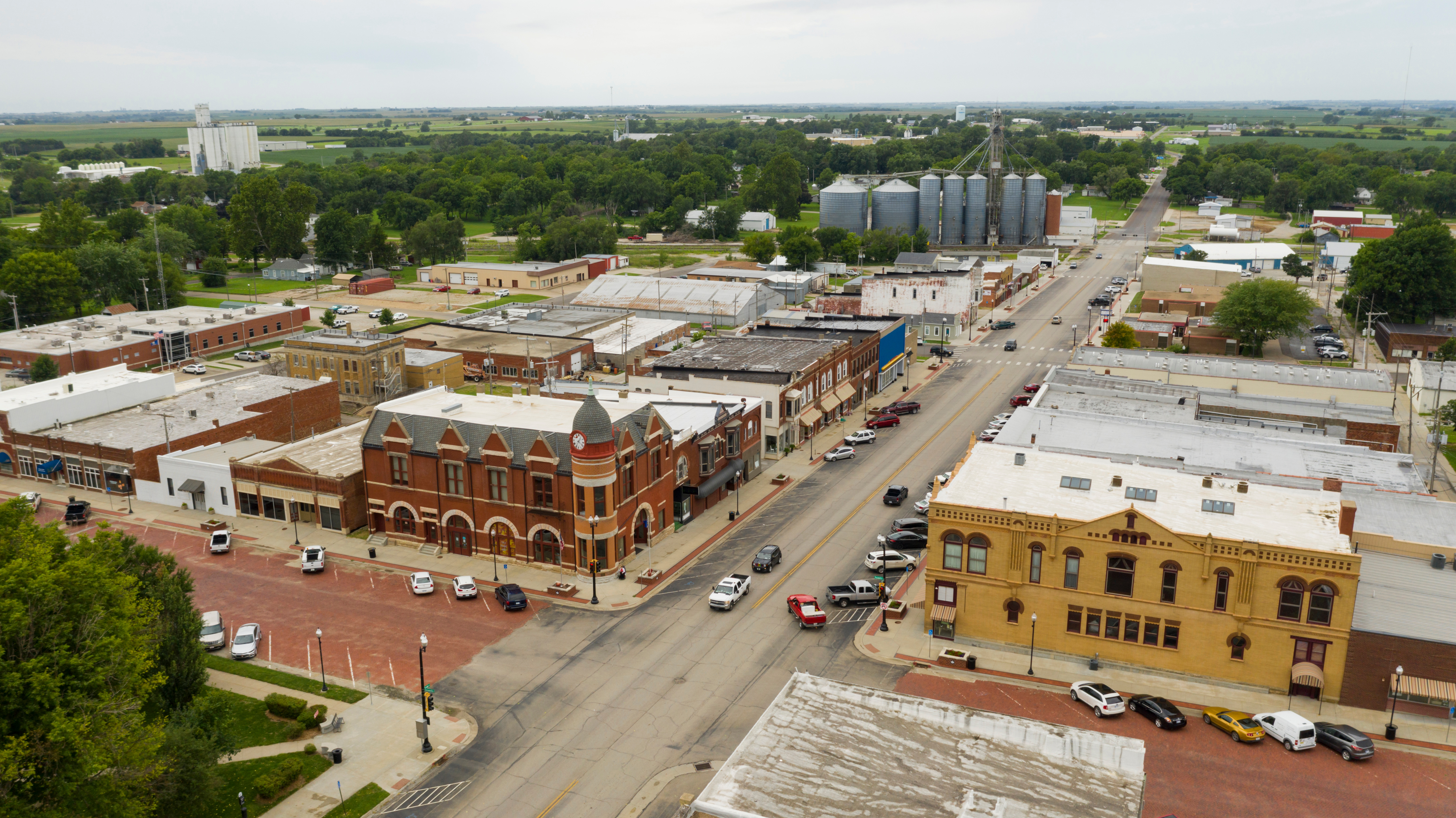 aerial view of a rural downtown area