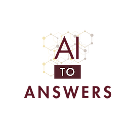 Graphic logo featuring burgundy text “AI TO ANSWERS” over a faint neural-network design