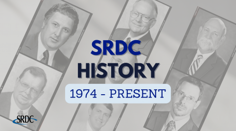 grayscale portraits of SRDC directors with caption "SRDC History 1974-Present"