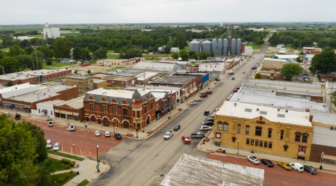 aerial view of a rural downtown area