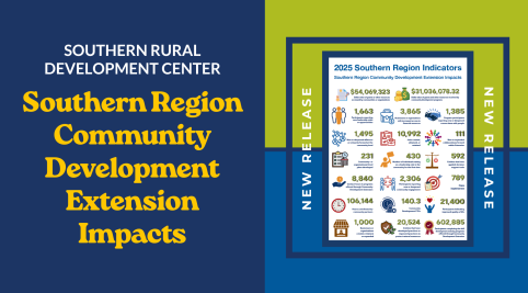 navy blue, green, royal blue graphic with text 'new release, southern region community development extension impacts'