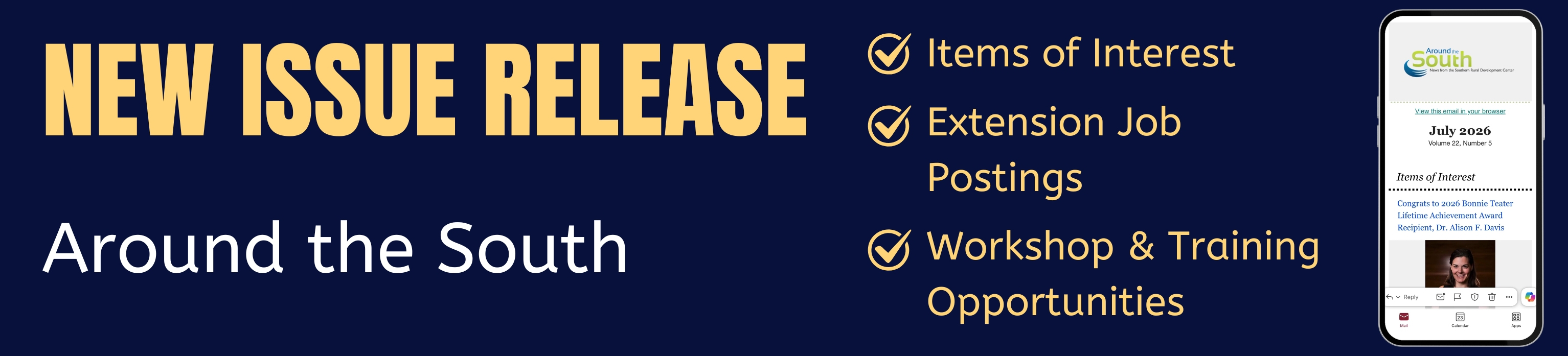 navy blue graphic with text: new issue release around the south